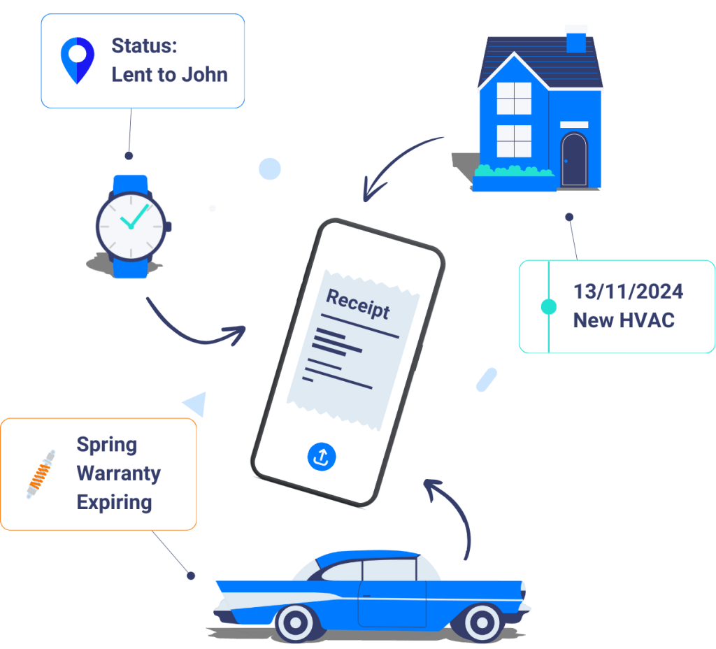 Compilation image showcasing features such as maintenance history display, document uploads, asset status information and warranty tracking.