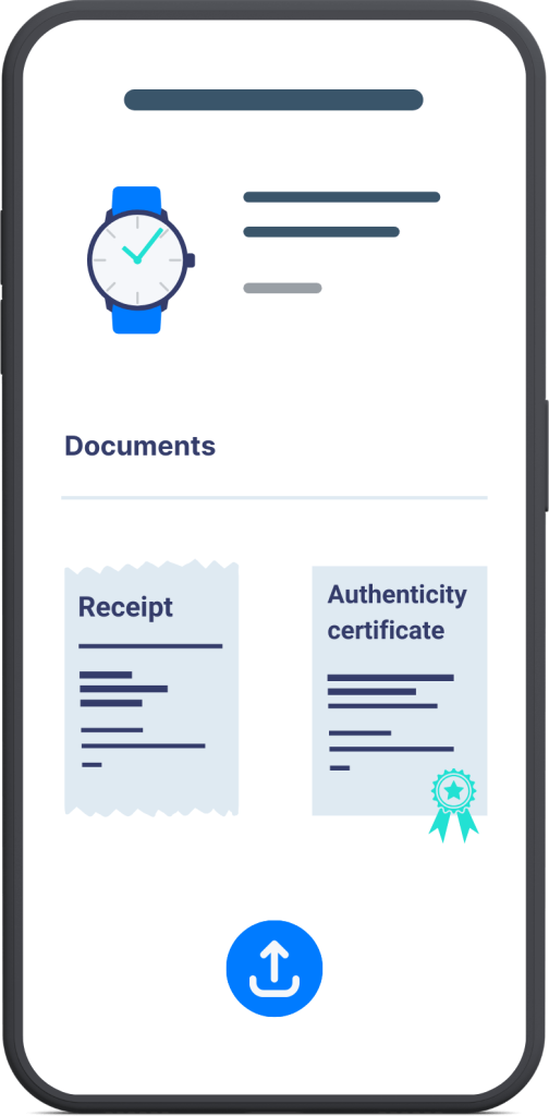 Image represents uploading different documents related to assets in the app, such as receipts and authenticity certificates.