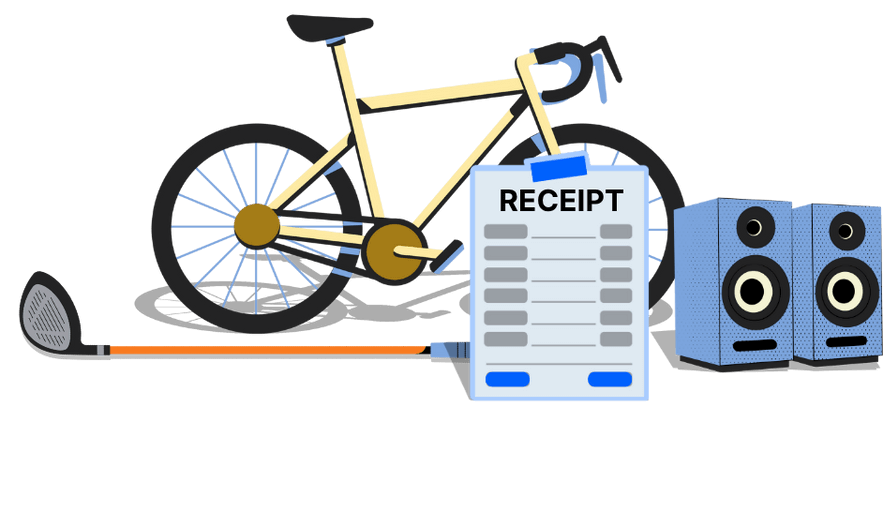 Bicycle, receipt, speakers, and golf club representing how you can manage assets and related documents easily in one place