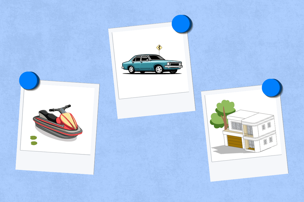 Jet ski, car and house illustrating different assets you can organize in Stashier