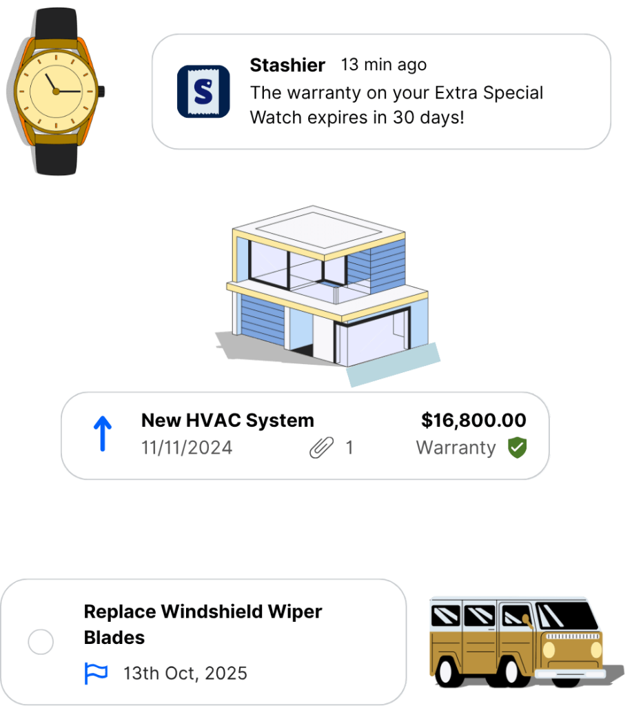 Illustration showing a warranty expiration alert, maintenance record and task related to managing assets