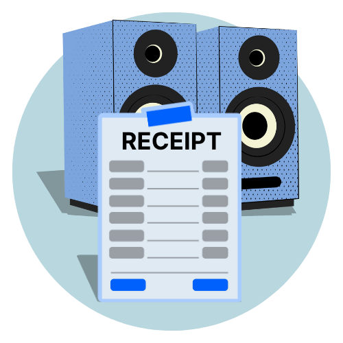 Receipt and speakers, symbolizing organized everyday life